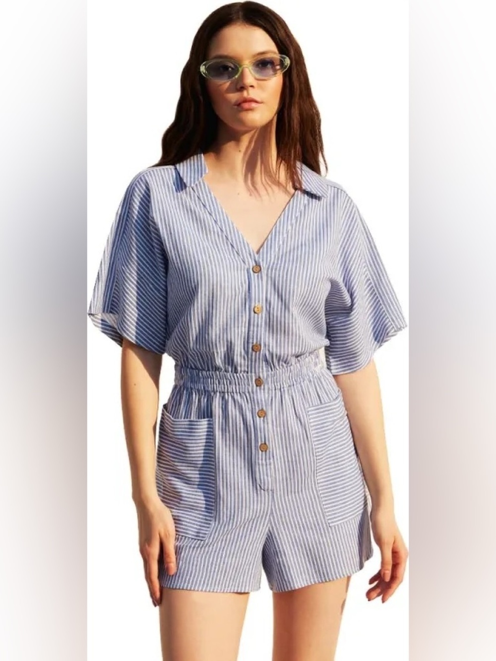 Micas Blue & White Striped Short Romper - Size M - Boho Beach Style